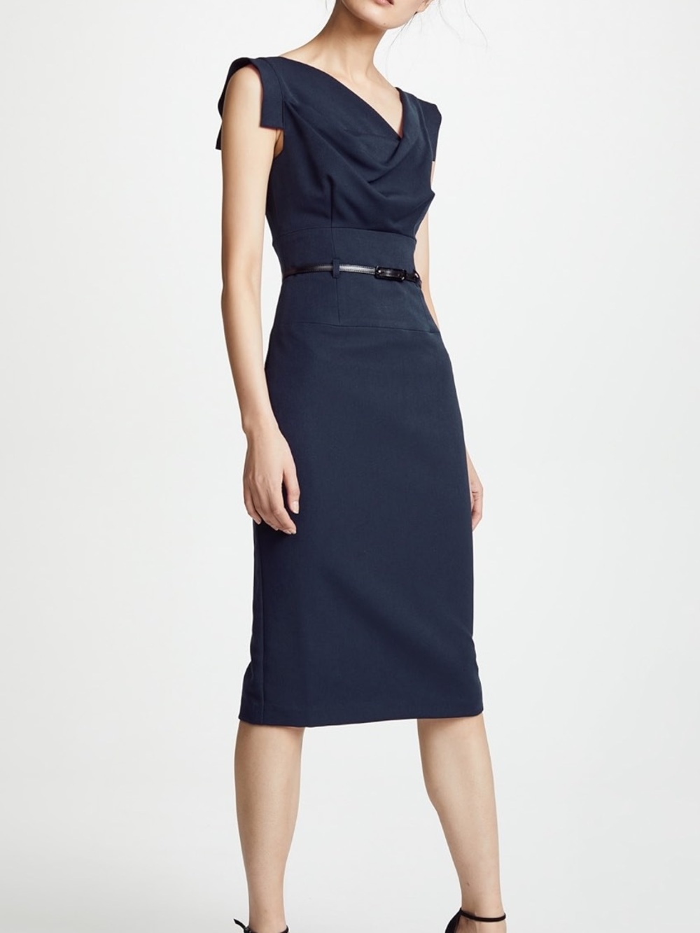 Black Halo Navy Drape Sheath Midi Dress